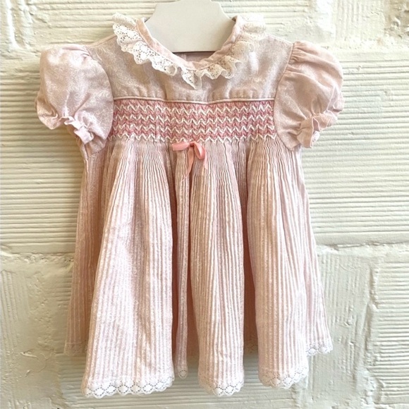 Smocked  Pink Lace Kids Dress vintage 18-24mo - Picture 3 of 11